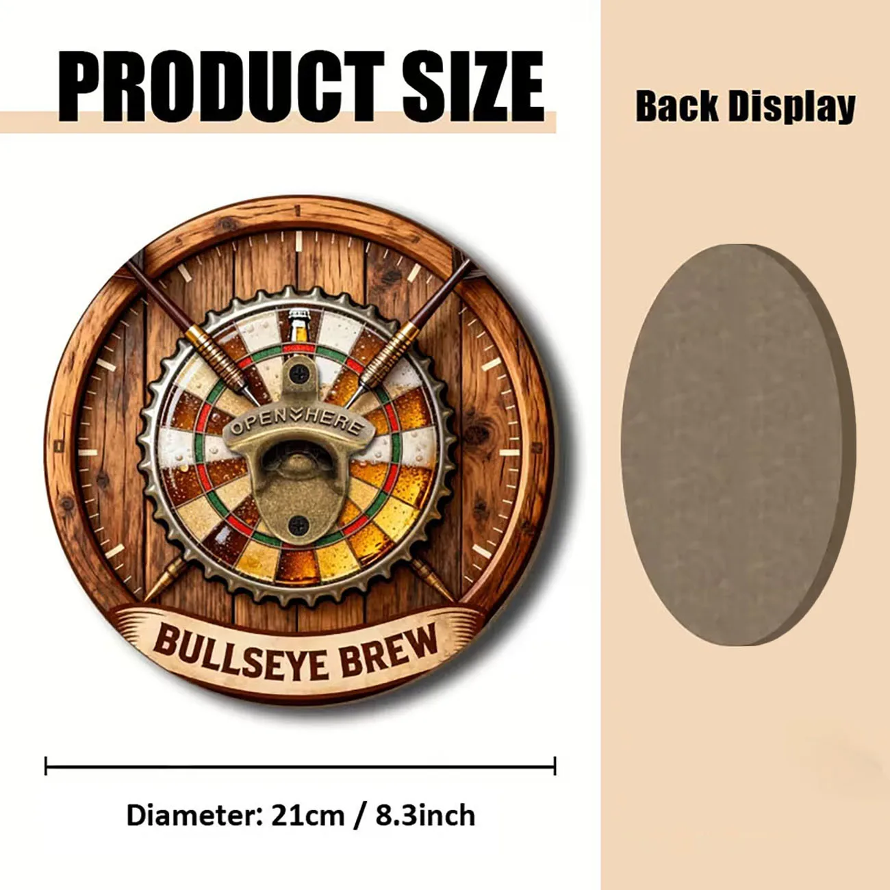 1pc 2D Flat Round Wooden Wall Bottle Opener, Bullseye Brew Dartboard Beer Cap Print Wood Sign for Bar & Man Cave Wall Decor