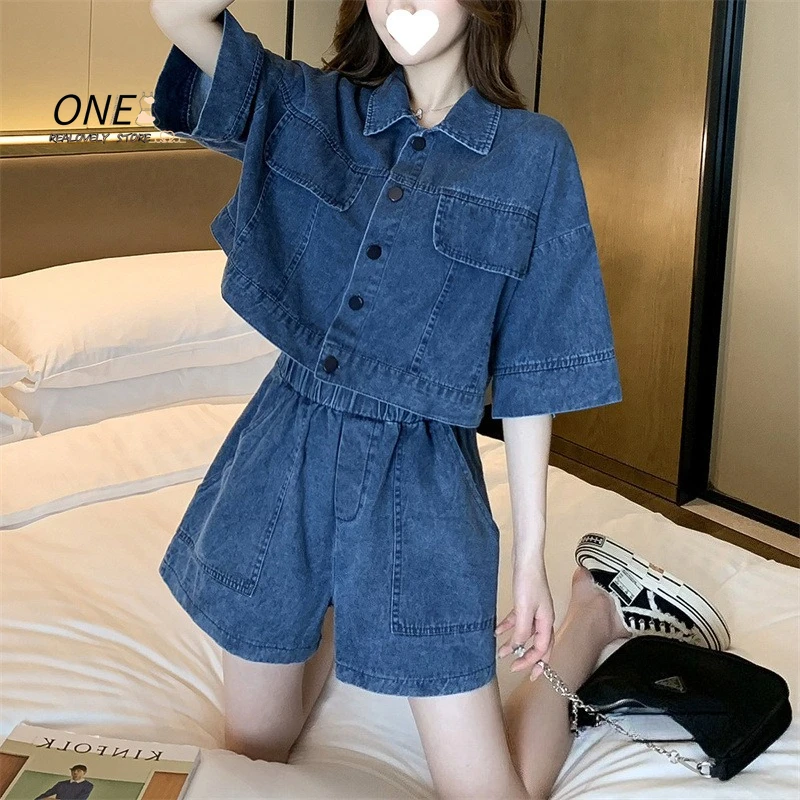 

Vintage Matching Sets Turn Down Collar Three Quarter Sleeve Top High Waist Pockets Shorts Solid Color Summer Denim Two Piece Set