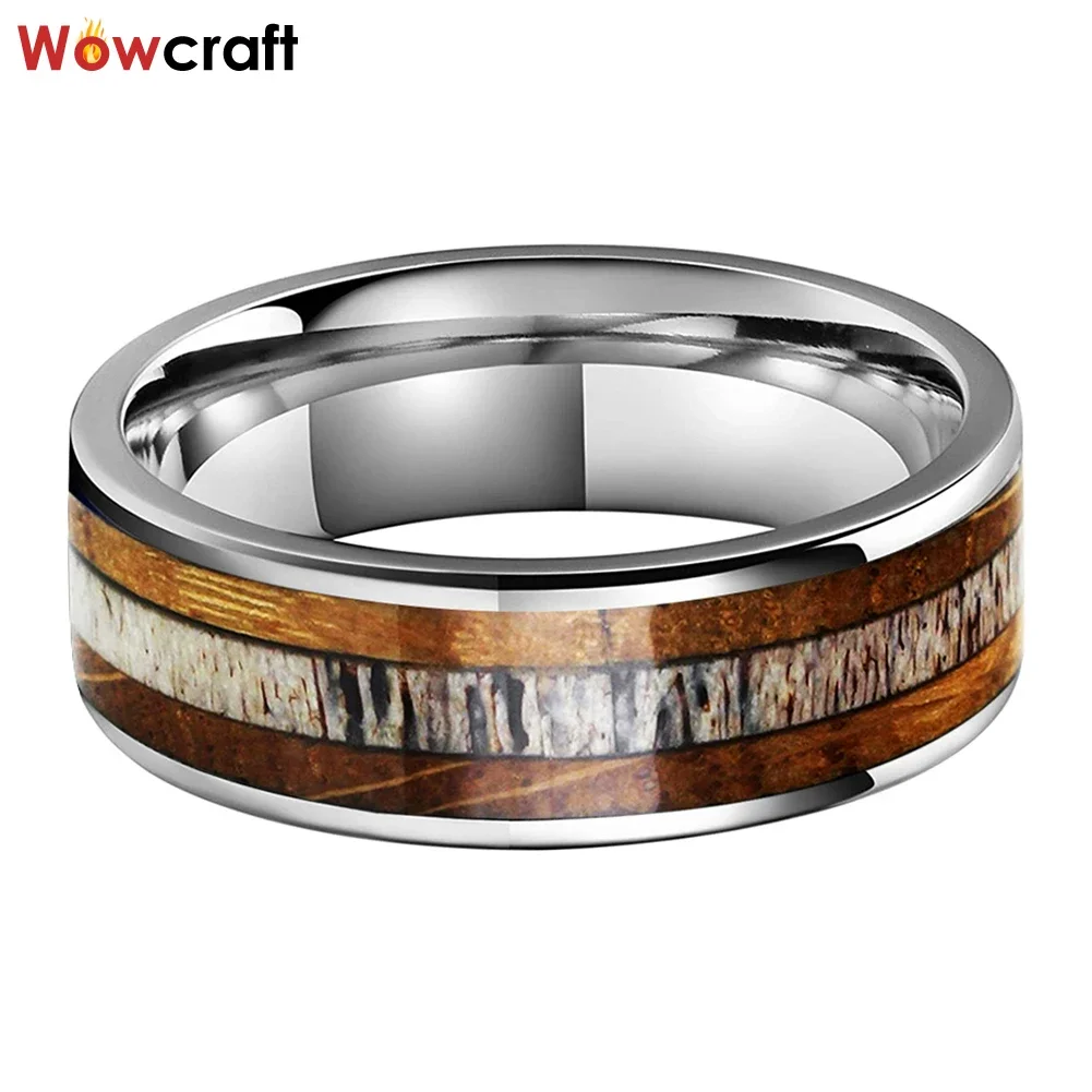 Imagem -02 - Lindo Tungsten Flat Band Anel Fresco Deer Antler Embutimento entre Whisky Barrel Embutimentos de Madeira Carvalho Polido Comfort Fit mm