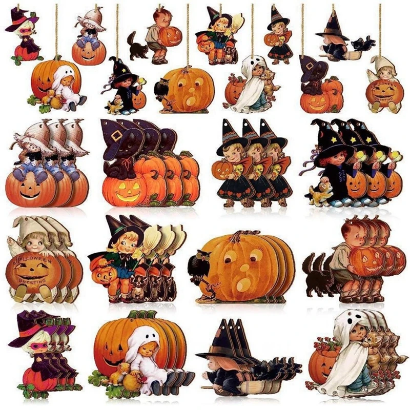 12pcs Christmas Halloween Holy Autumn Thanksgiving Wooden Decorations Pumpkin Turkey Autumn Harvest Hanging Decoration