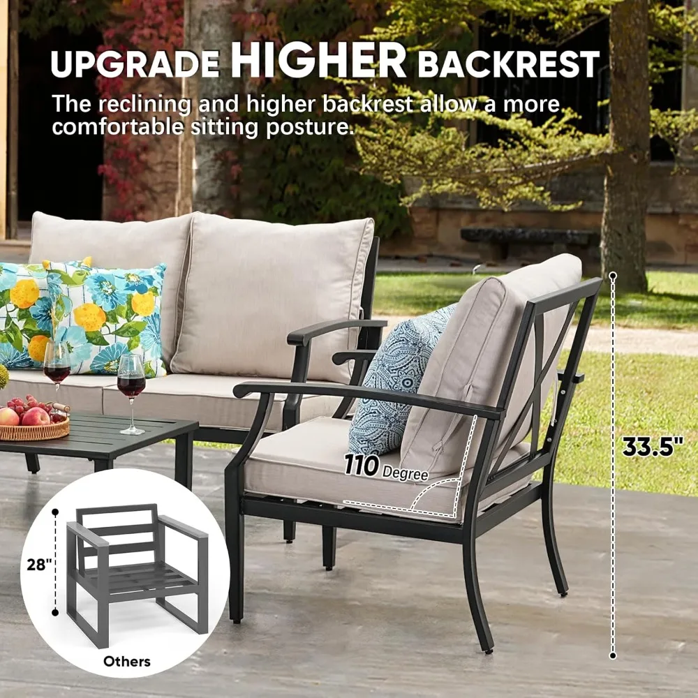 4 Pieces Patio Furniture Set w/loveseat,Coffe Table,Outdoor Conversation Metal Sofa with High Back and Thick Cushion