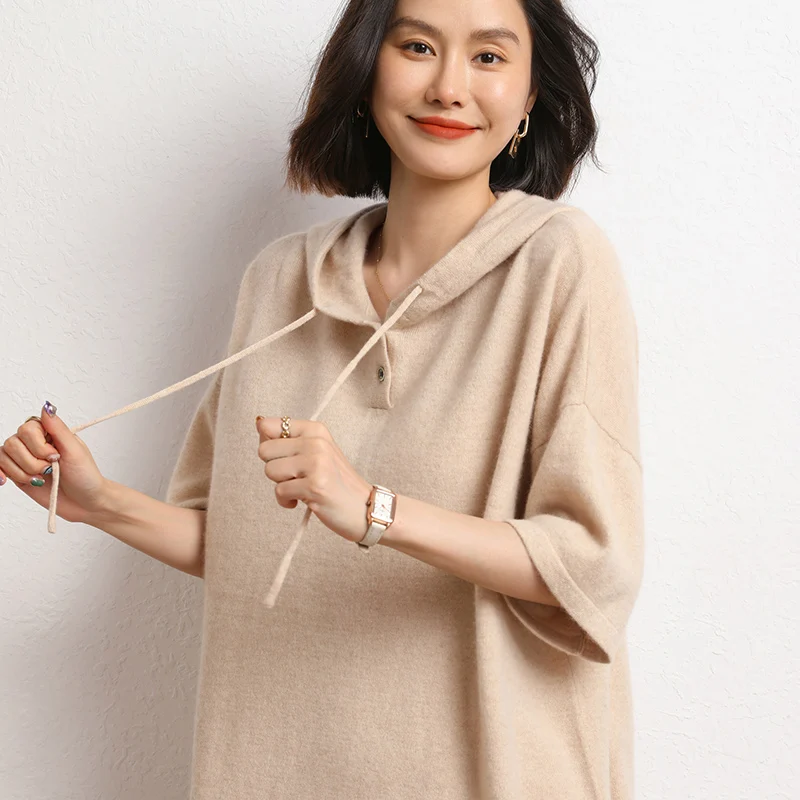 Women 100% Cashmere Sweater 2023 New Short Sleeve Knitted Pullover Hooded Pullover Shirt Girl Clothes Loose Large Size Top