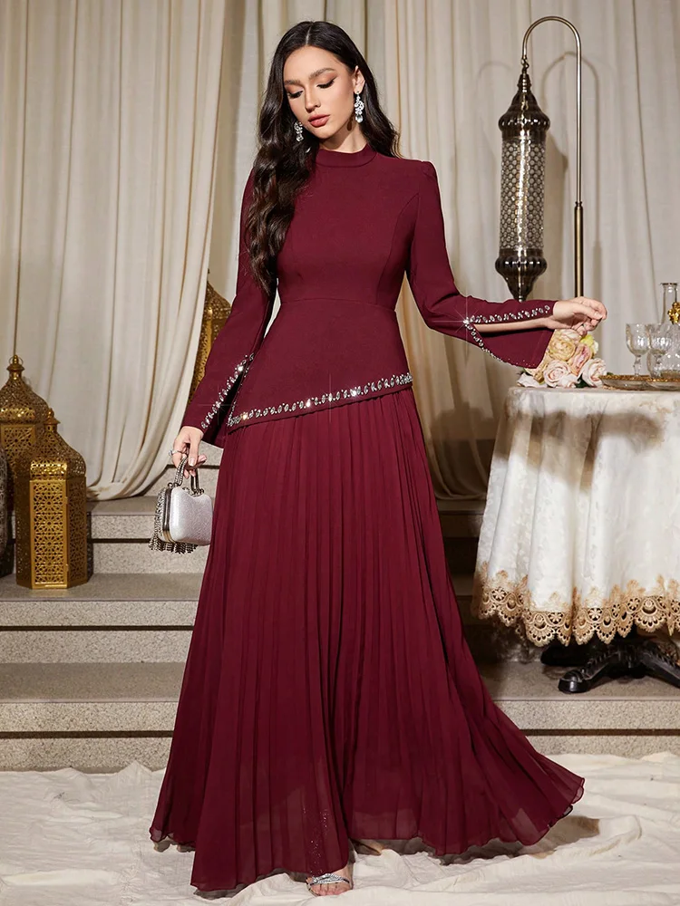 TOLEEN Neues Damen-Maxikleid mit einfarbigem Stehkragen, asymmetrischer Strass-Manschette, gerüscht, weiches Stoff-Geburtstagsparty-Kleid