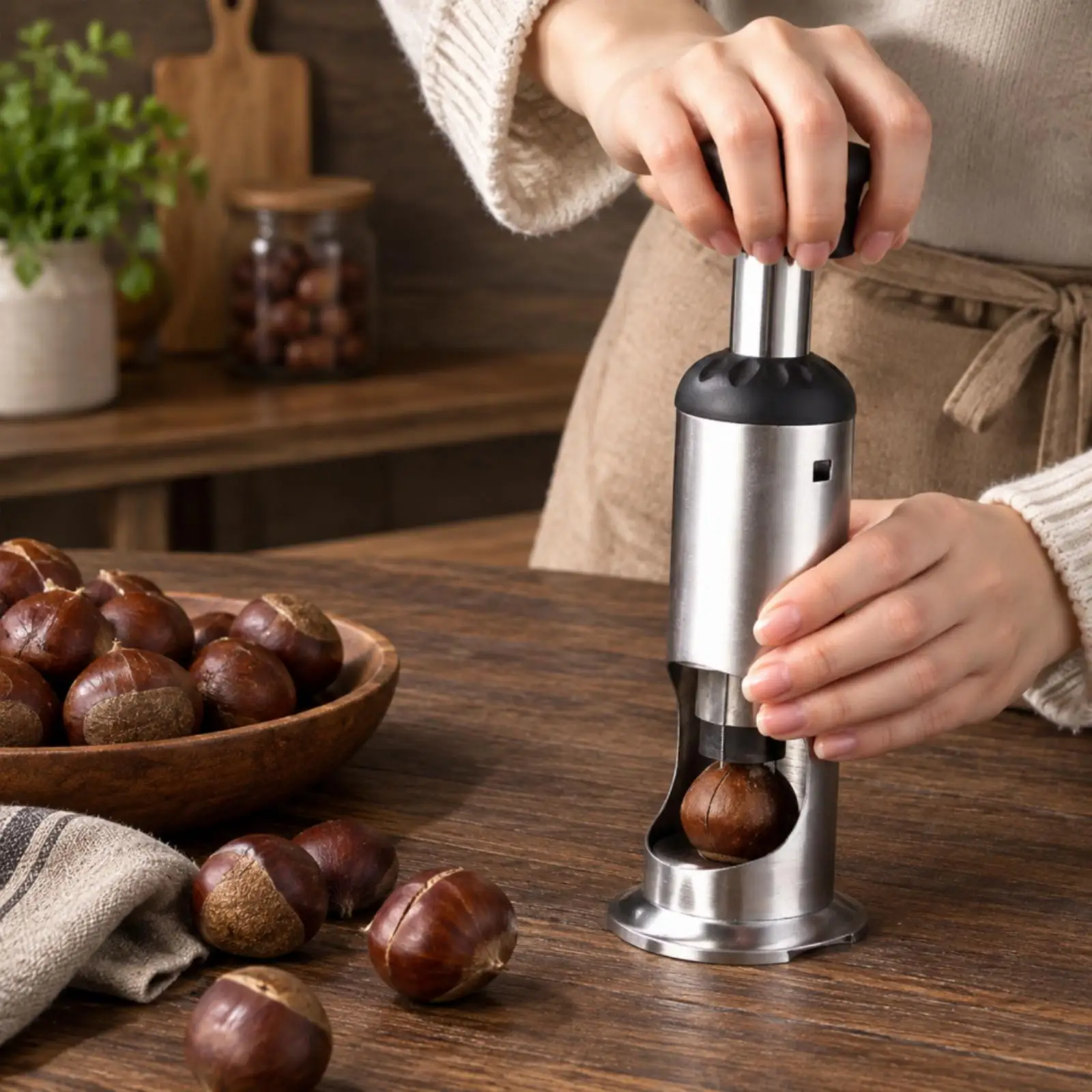 Chestnut Opener Lightweight Tabletop Chestnut Opener with Plunger Handle Nut Sheller with Stainless Steel Blade Compact