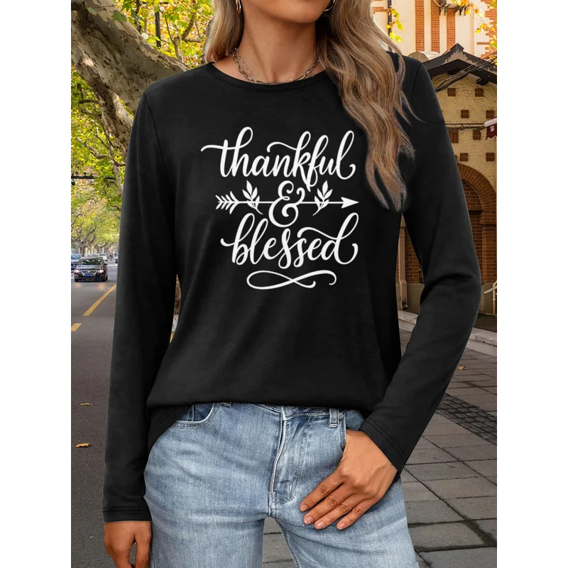 Women Long Sleeve T-Shirt Thankful & Blessed Letter Arrow Print Fall Casual Crew Neck Top