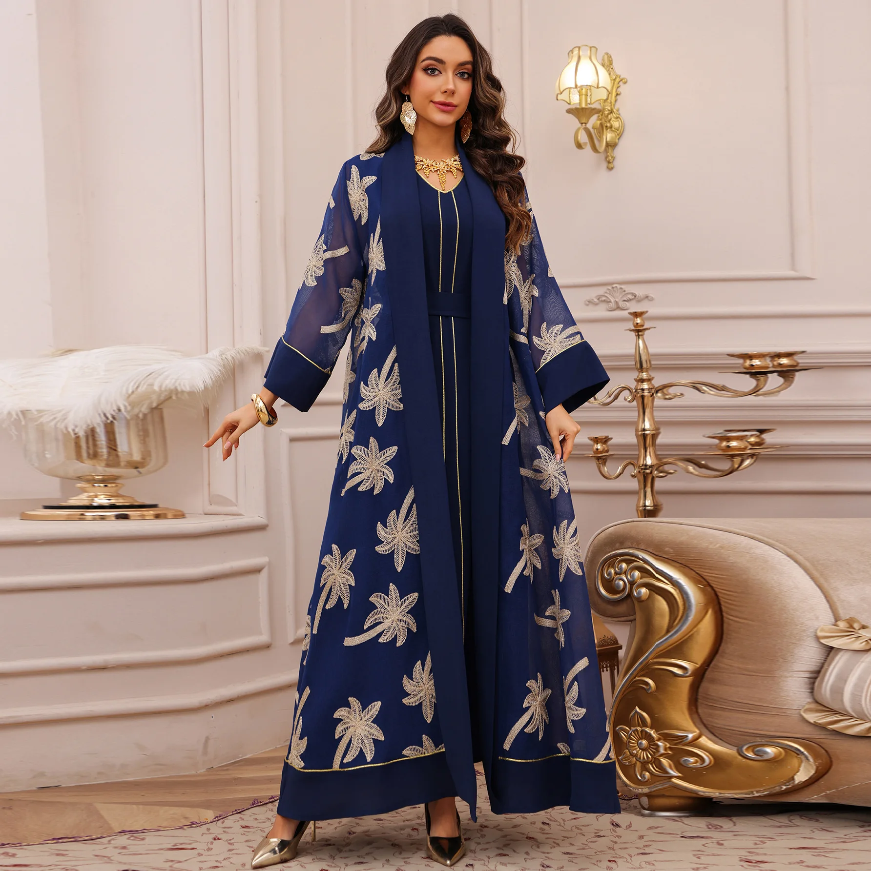 

Eid Open Kimono Abaya with Inner Dress Set Women Muslim Embroidery Cardigan Long Robe Ramadan Morocco Dubai Kaftan Islamic Cloth