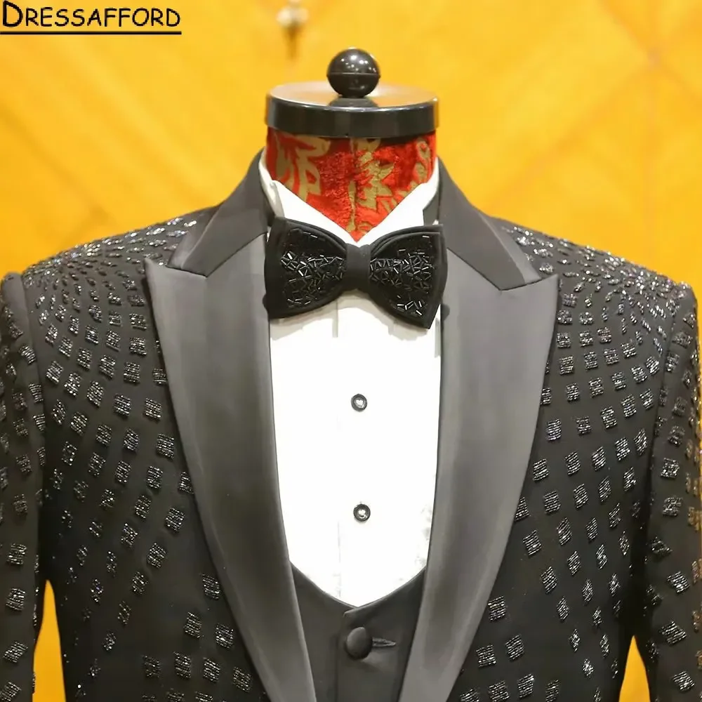 Black Crystal Diamonds 2 Pieces Blazer Pants Men Suits Tuxedo High Fashion Wedding Prom Plus Size Custom Made