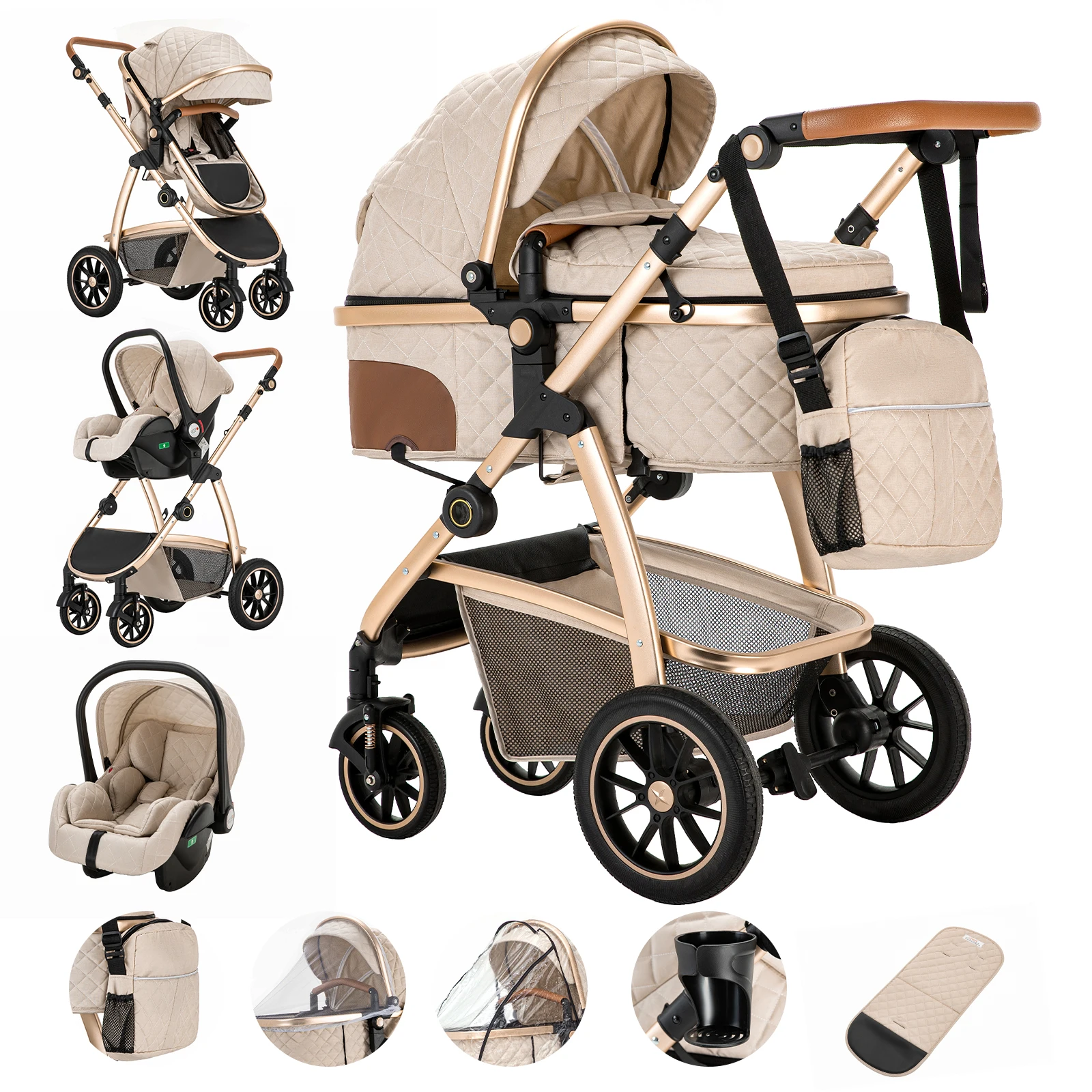 3-in-1 kinderwagen Reiskinderwagen met in hoogte verstelbaar handvat Reiskinderwagen met klamboe Kinderwagen met aluminium frame