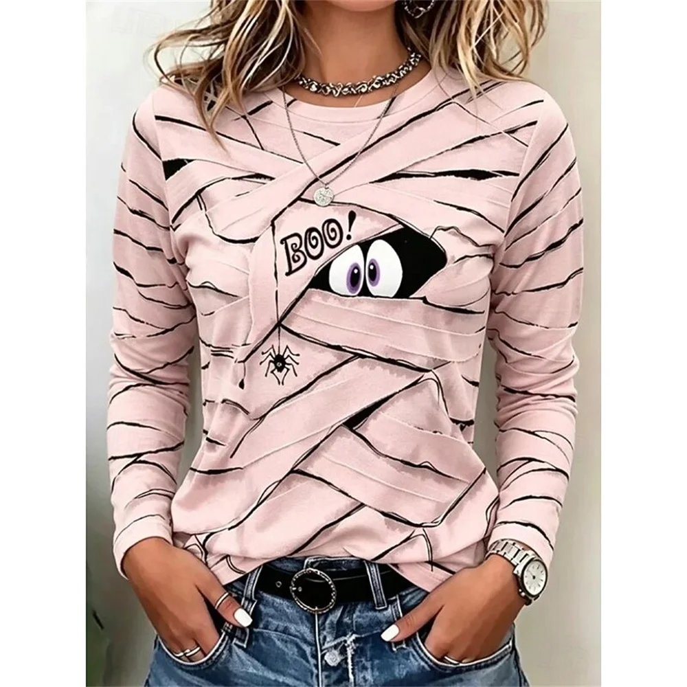 Women Men Halloween Mummy 3D Print Long Sleeve T‑Shirt Casual Round Neck Holiday Funny Pattern Clothing Personality Trend Autumn