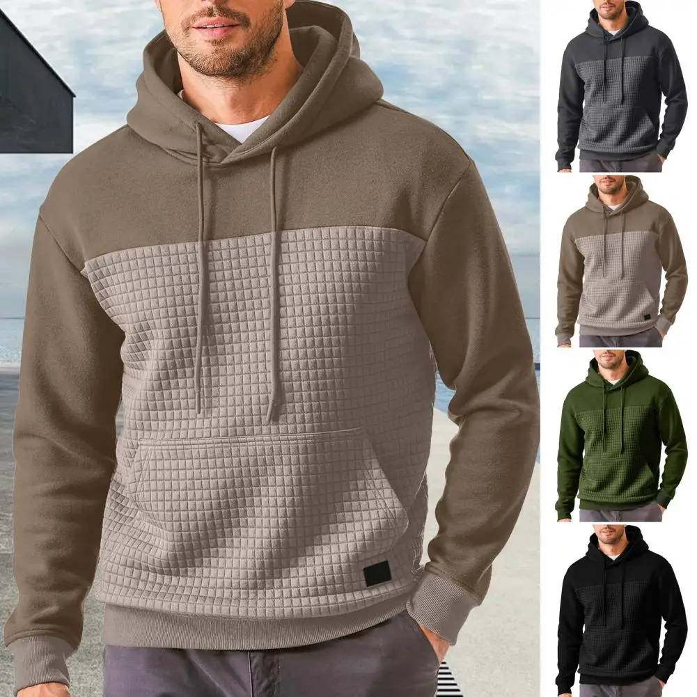 Fall Winter Men Hoodie Waffle Texture Color-blocked Hooded Sweatshirt Loose Sport Casual Mid Length Hooded Top Men's Clothing