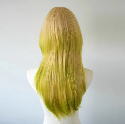 Blonde Ombre Green Long Straight Synthetic Layered Jellyfish Head Wig Y2K Fluffy Lolita Cosplay Wig for Daily Party