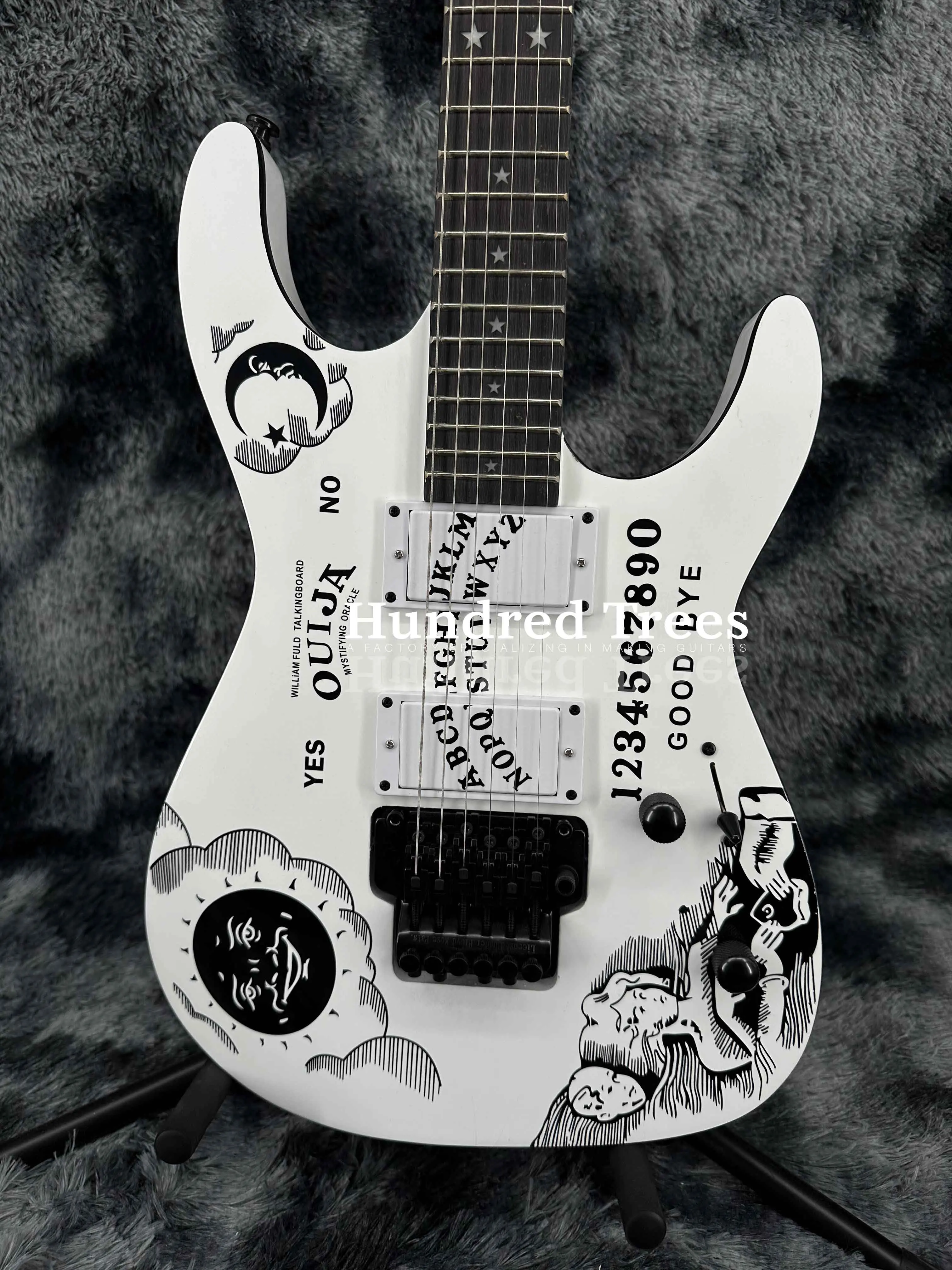 

Custom Arctic White Ouija Electric Guitar Maple Neck Black Hardware FR Bridge Free shipping