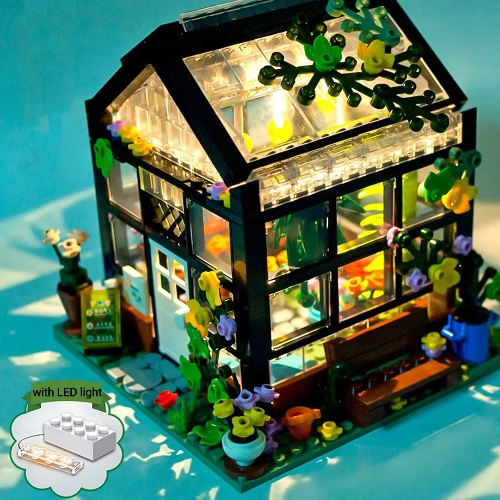 

579pcs Flower Shop Building Blocks City Street View Plant Pavilion Assemble Bricks Toys with LED Light Gifts For Kids