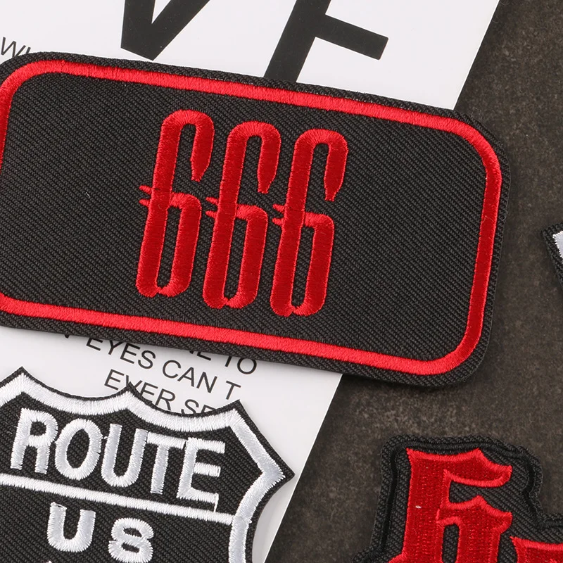 Mark of The Beast Embroidered Emblem US Route 66 Iron-on Badge Red Numbers 666 Cloth Patches for Coat Cap DIY Thermal Appliques
