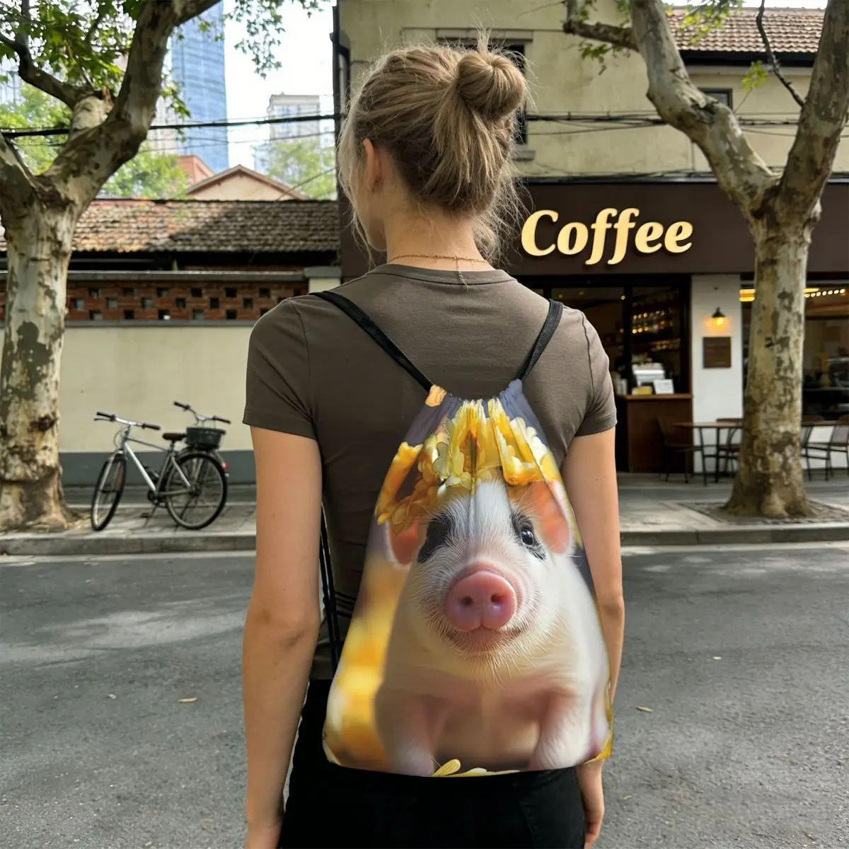 Funny Pig Surround By Sunflower Backpacks Portable Drawstring Bags Sports Bag Book Bags for Travel School