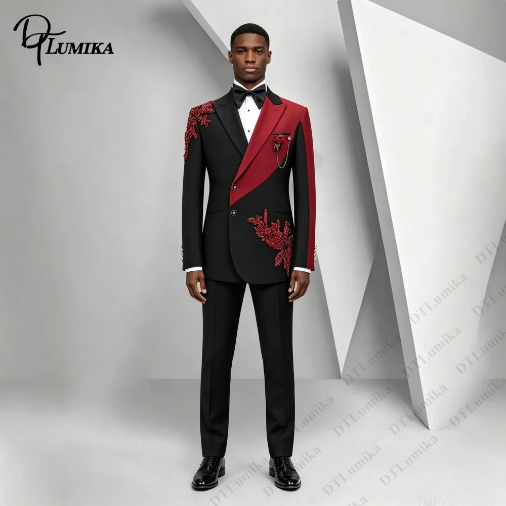 Patchwork Men Formal Suit 2Pcs Asymmetrical Tuxedo with Crystals Appliques Wedding Suits for Groom Customized Gentleman Attire