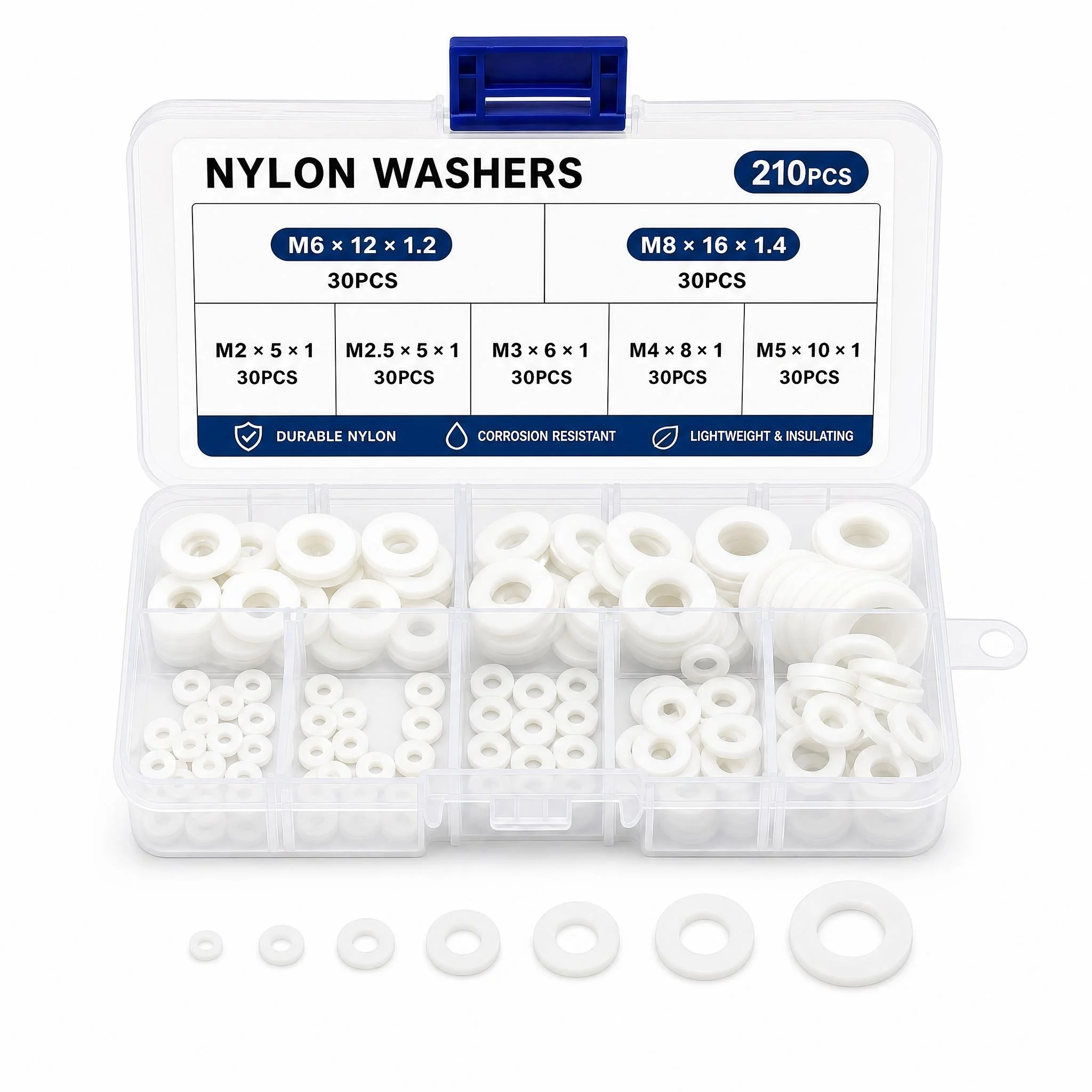 210 Pcs Nylon Flat Washers Set M2-M8 Sizes Black & White Insulating Gaskets for Screws And Bolts Kit
