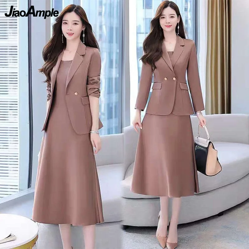 Women\'s Autumn Winter Suit Jacket Dress Set 2022 New Fashion Korean Elegant Temperament Blazers Suspender Midi Skirt Two-piece