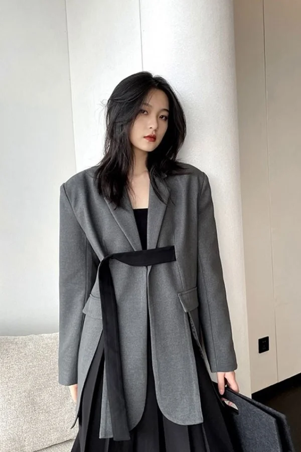 

Insozkdg Светский роскошный элитный повседневный свободный пиджак с лентой, женская одежда, осеннее новое модное серое пальто, блейзер, женские топы