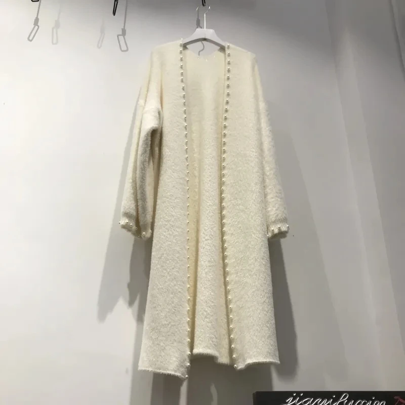 Casaco de pele tipo vison cardigan para mulheres outono e inverno novo solto sobre o joelho longsweater tricô cardigan maré casaco