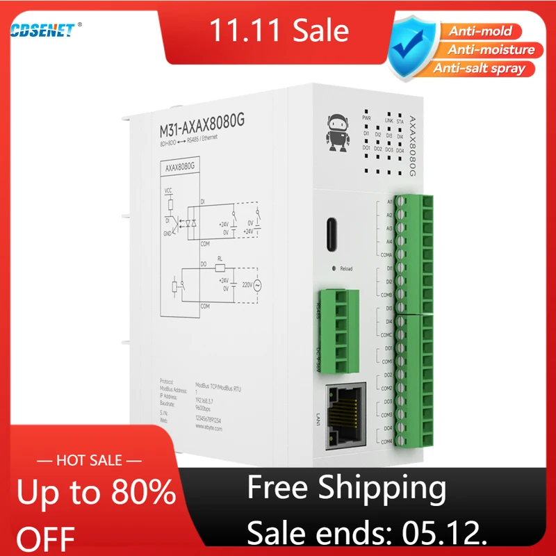 

8DI+8DO Remote IO Module RS485 Ethernet RJ45 CDSENET M31-AXAX8080G Analog Switch Acquisition Modbus TCP RTU Firmware Upgrade