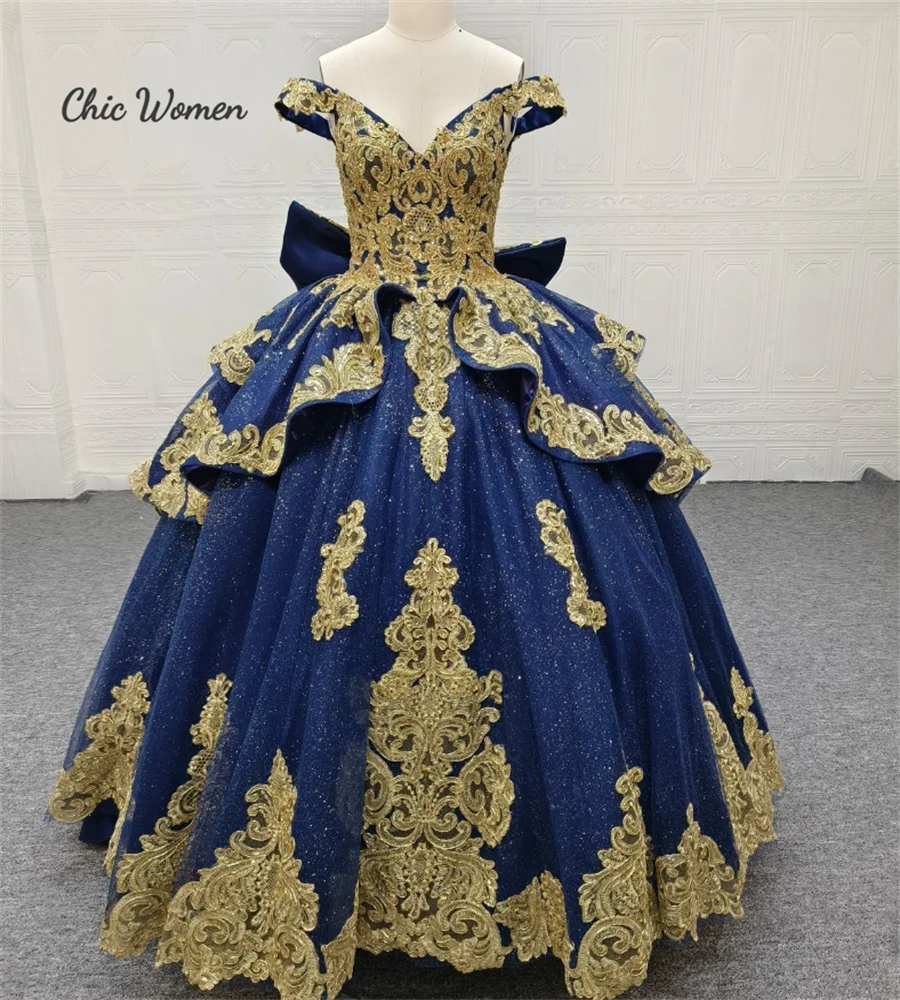 Vestido fora do ombro com laço, Renda dourada, Azul marinho, Lantejoula, Sweet 15 Dress, Vestidos Quinceanera, Ballkleider, 2023