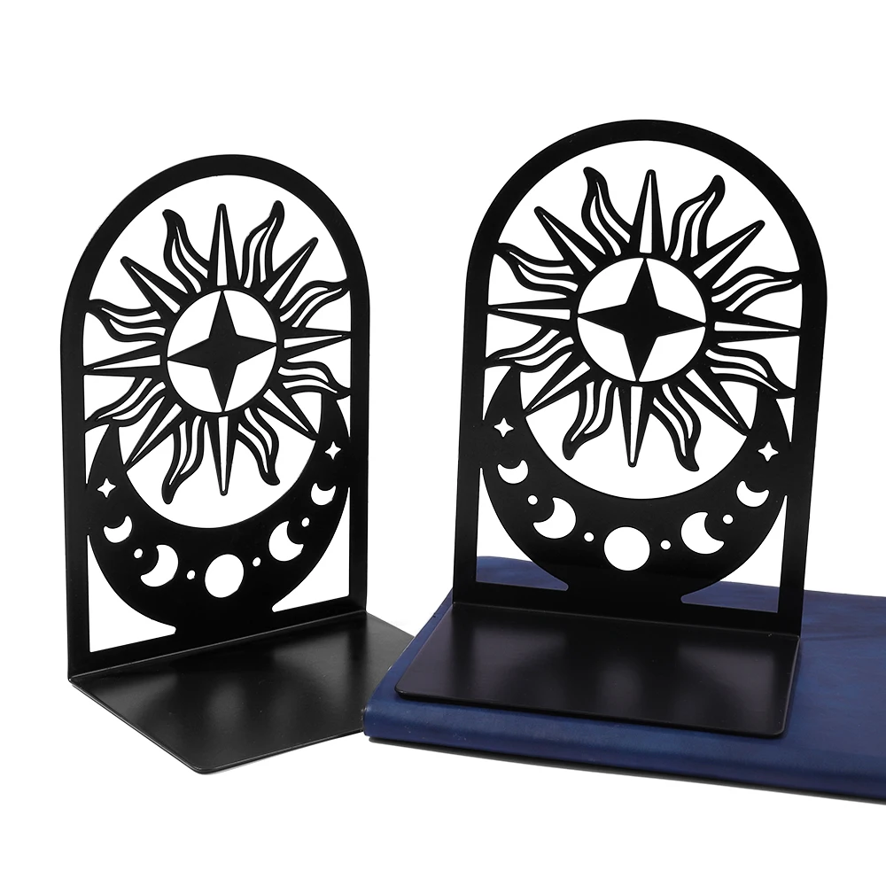 1 Pair of Acotar Black Metal Bookshelves, Designed with Sun and Moon Patterns, Sturdy and Non Slip, Suitable for Book Lovers.