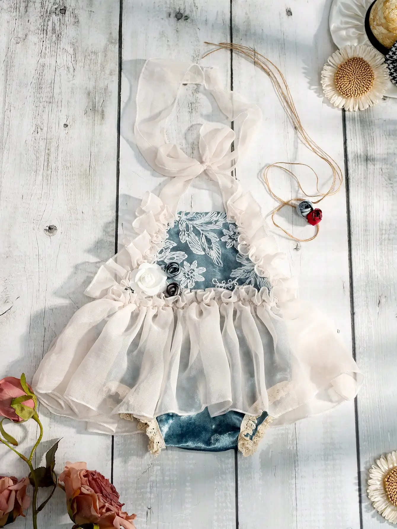 Ylsteed 2 Pcs Set Newborn Chiffon Romper+Headband for Picture Props Infant Rose Lace Outfits for Photo Shooting Baby Girl Props