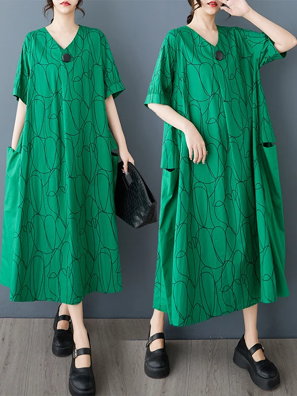 فستان نسائي صيفي جديد بمقاسات كبيرة، تصميم عصري مطبوع برقبة على شكل V، فضفاض ونحيف، مضاد للشيخوخة، تنورة على شكل حرف A، أسلوب... #2