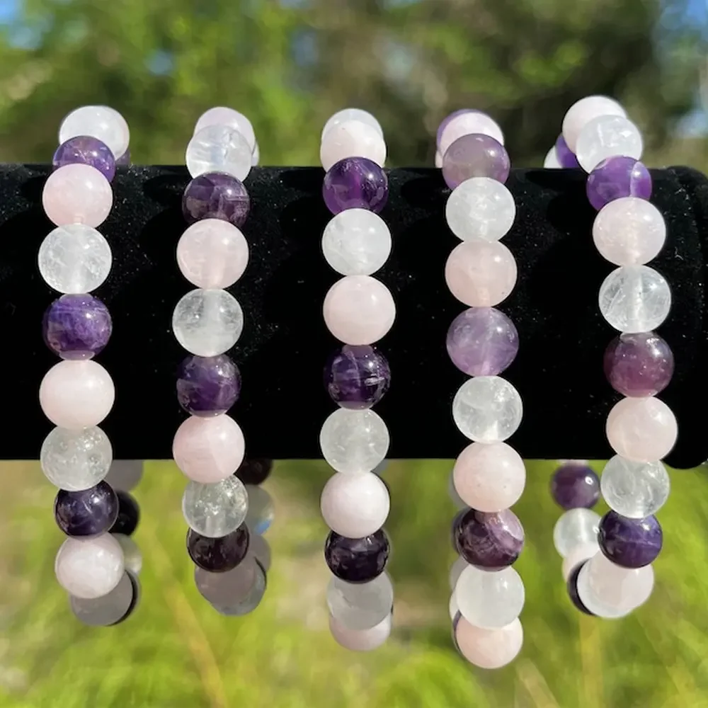 Crystal Healing Bracelet Amethyst Clear Quartz  Rose Quartz 8 mm Round Healing Crystals (Stretch Bracelet, Gemstone Bracelet)