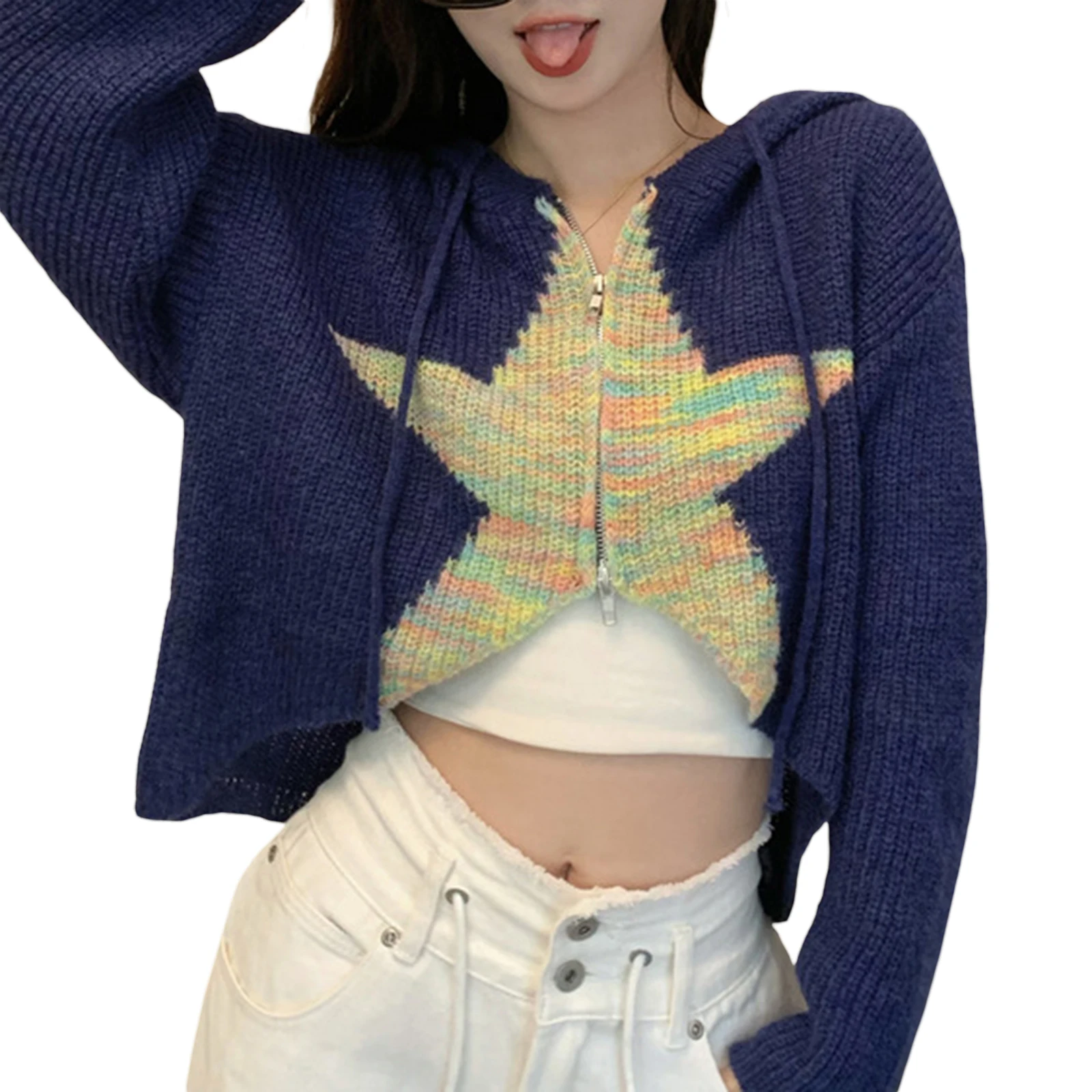 Women y2k Fashion Cropped Sweater Cardigan Stars Pattern Contrast Color Hooded Long Sleeve Pullovers Zipper-Up Loose Tops