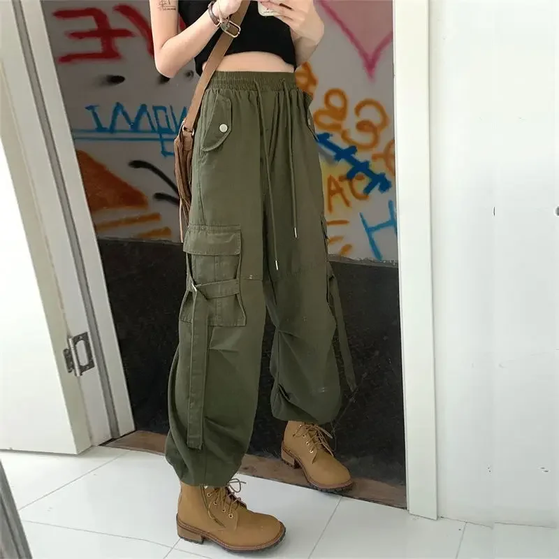 Baggy Cargo Pants Women Military Unisex S-4XL Preppy Students High Waisted Multi Pockets Bandage Pantalones Korean Autumn Chic