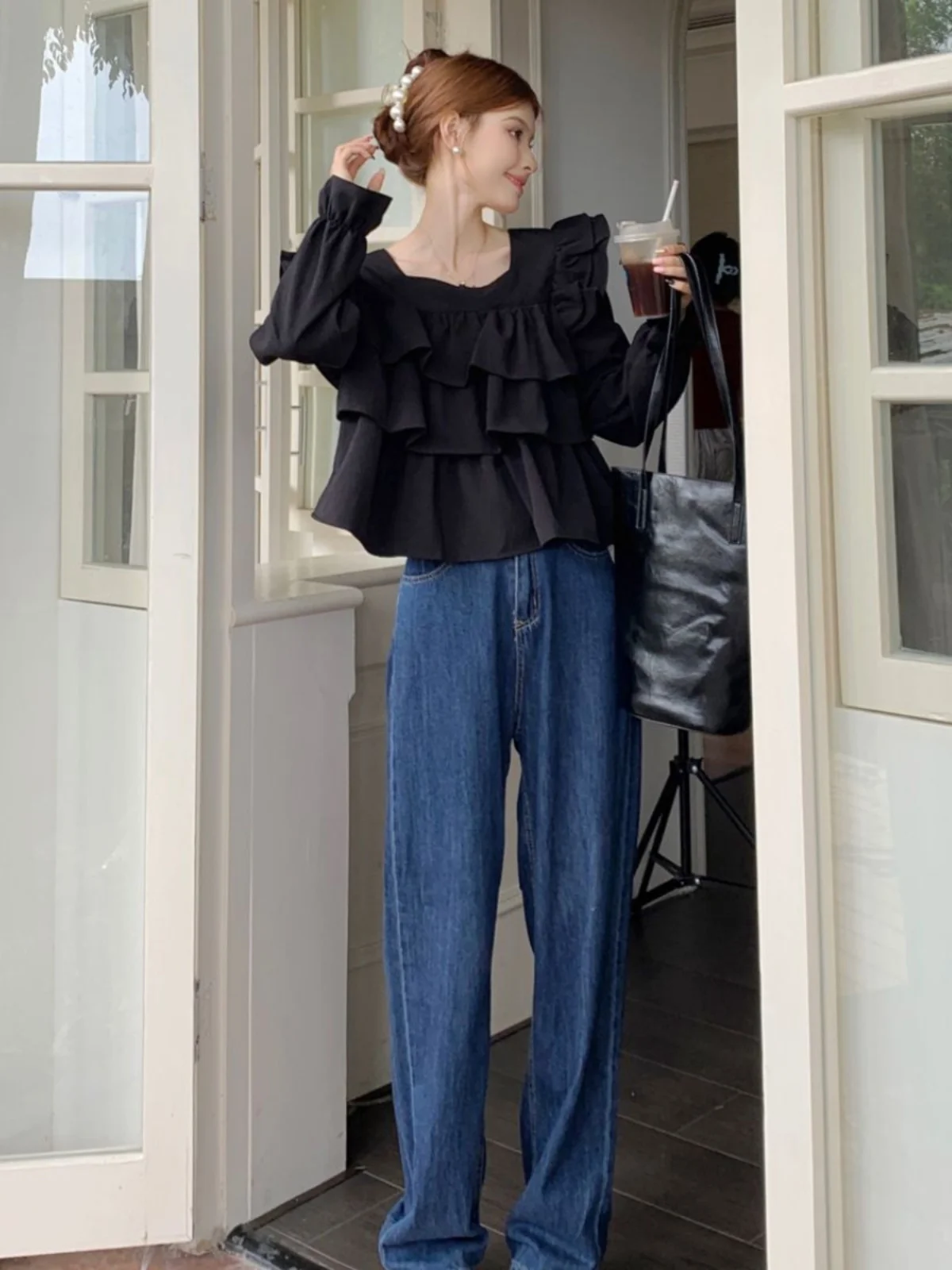 Ele Long Sve feminino irt Conceal Meat Outerwear Japonês Sle Doce Personali Renda Hemline Blusa Casual de Poliéster