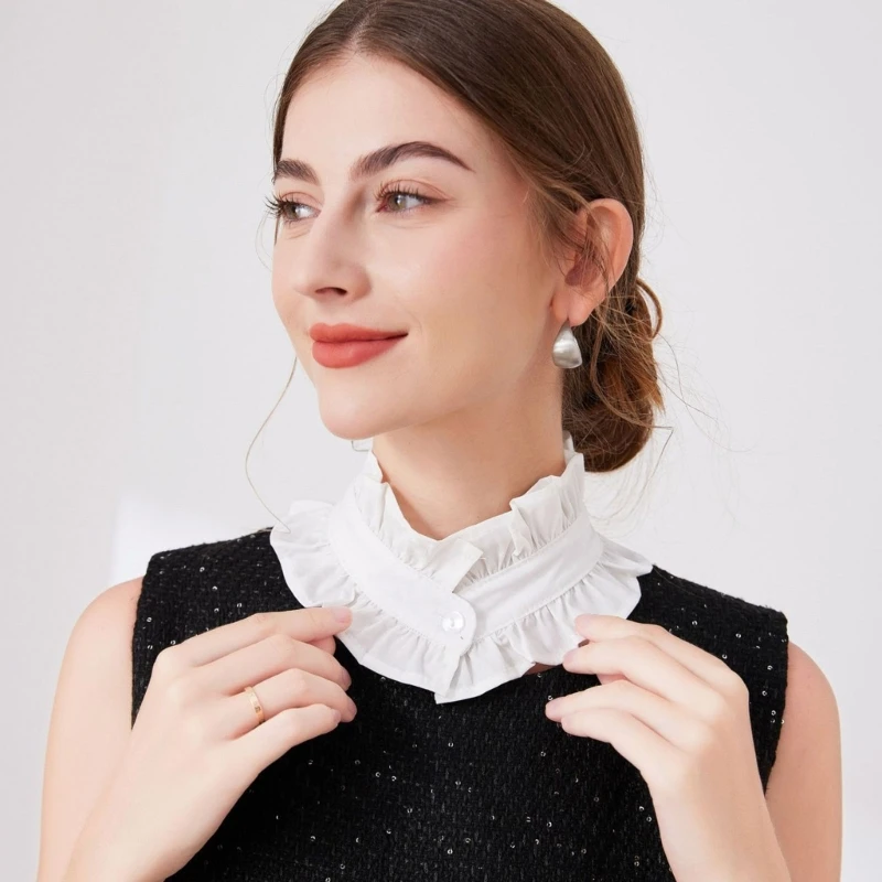 Women Elegant Pleated Ruffled Faux Collar Detachable Blouse Stand Collar Neckpiece Neck Ruff Choker Clothing Accessory