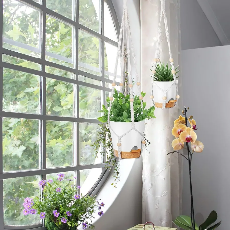 Plantadores suspensos para plantas de interior, conjunto de 5 peças com design macrame, 35 polegadas, 29 polegadas, 23 polegadas, cor marfim, recurso de rega automática