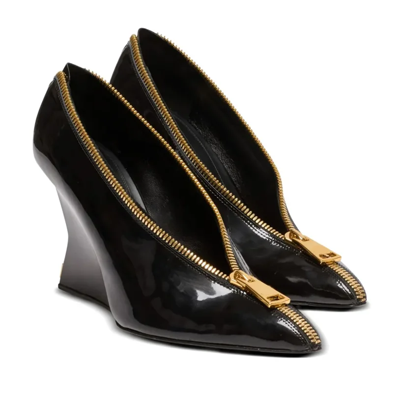 

Metal Zipper Wedges Patent Leather Pumps Sexy Pointed Toe Slip On Accept Customized New Arrivals Fashion Women Modern Shoes
