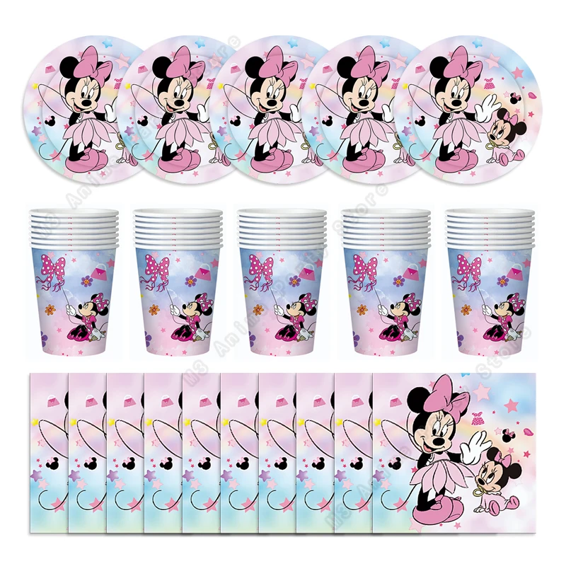 

Disney Minnie Mouse Birthday Decoration Minnie Party Supplies Kit Disposable Tableware Paper Cups Tablecloth Plate Bags for Girl