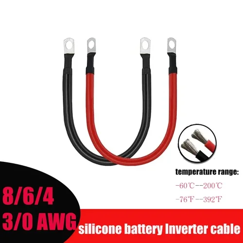 실리콘 배터리 인버터 케이블, M6 M8 M10 러그, 레드 블랙 8 6 4 3 0 AWG 주석 도금 구리 전선, 자동차 태양광 RV 자동차 