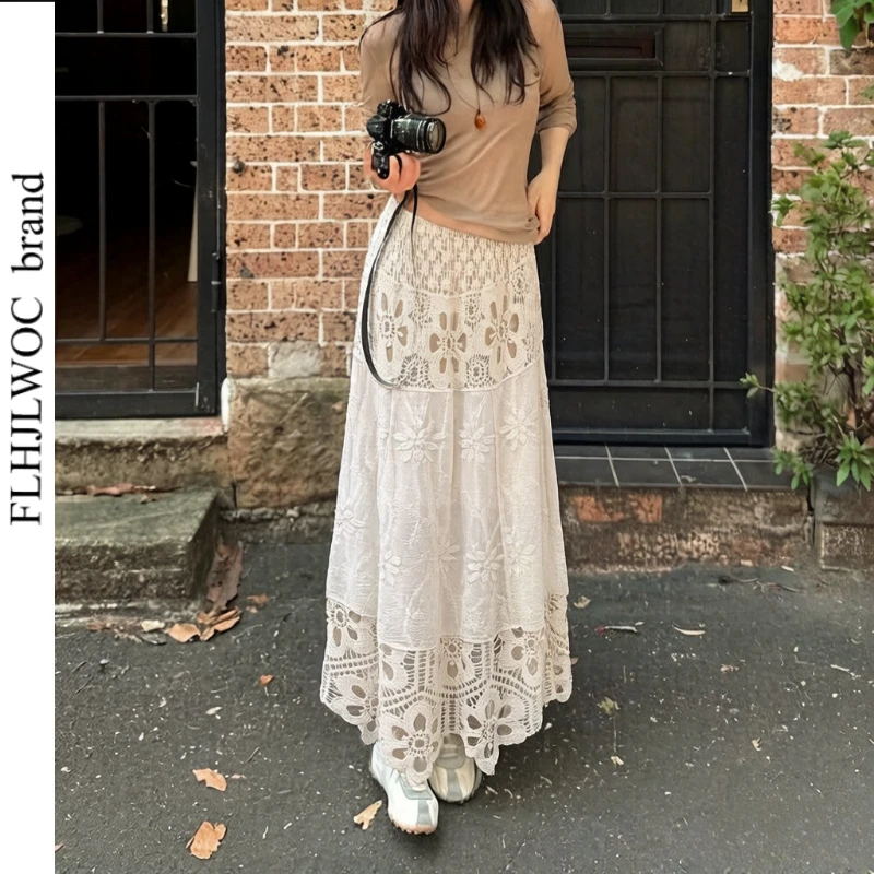 Bohemian Style Hollow Out Skirts Mori Girls Retro Vintage Beautiful Crochet Flower Romantic Honeymoon Holiday Cotton Long Skirt