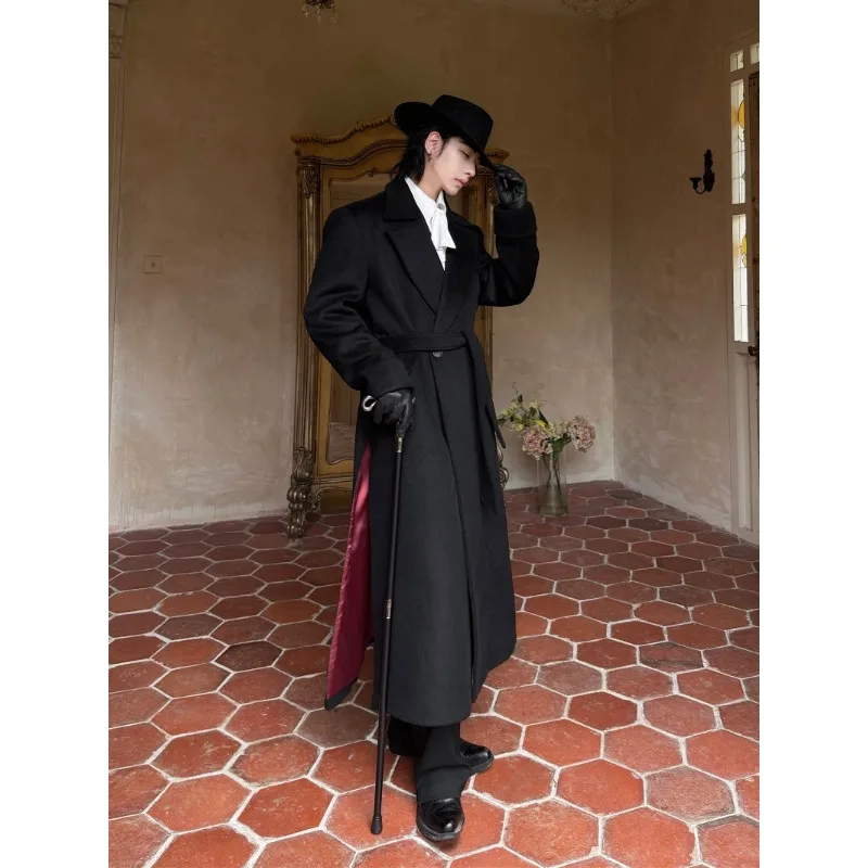 

Suit Waist Long Shoulder Padded Woolen Coat Men Navy Collar Wool Gentleman