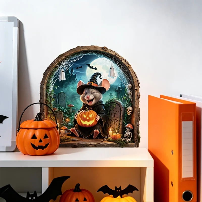 1Pc 2D Halloween Mouse Witch Hole Wall Sticker, Removable Pumpkin Ghost Tomb Decal for Home Room Halloween Party