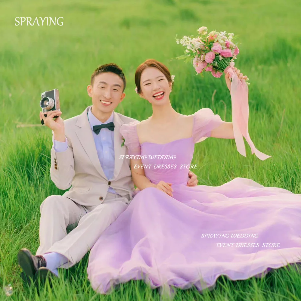 

SPRAYING Korea Wedding Dresses Square Collar Short Sleeves Photo Shoot A-line 웨딩드레스 Custom Made Organza Bridal Gown