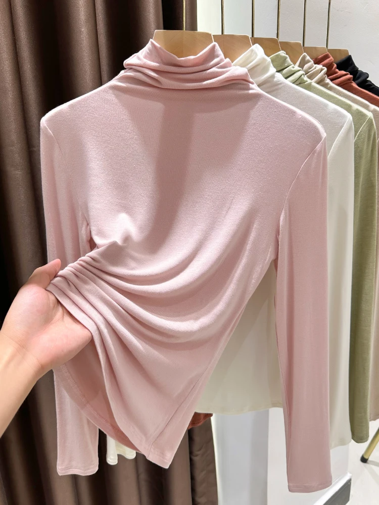 

Модальный тонкий базовый топ с высоким воротником и ворсистым воротником, эластичный, облегающий, для женщин, осенне-зимне-весенний