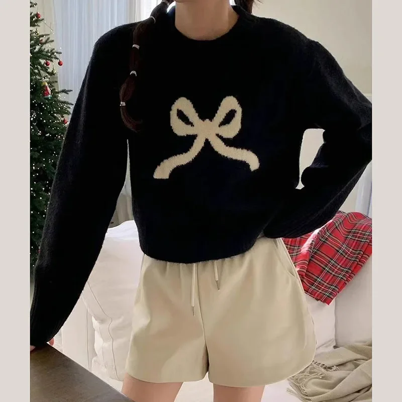 Cute Ribbon Knit Sweaters for Women Teen-girl Long Sleeve Sweet Bow Print Pullovers Fall Winter Loose Vintage Female Jumpers