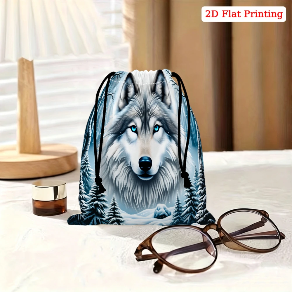 1pc Wolf Pattern Drawstring Bag Blue White 2d Flat Printing Storage Small Pouch Gym Travel Organizer For Men Women Lightweight P