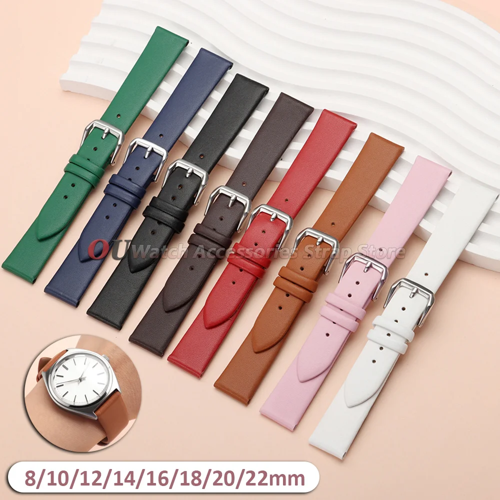 8 10 12 14 16 18 20 22mm Ultra-thin Leather Watch Straps Genuine Calfskin Leather Watchband Men Women Soft Business Leisure Band