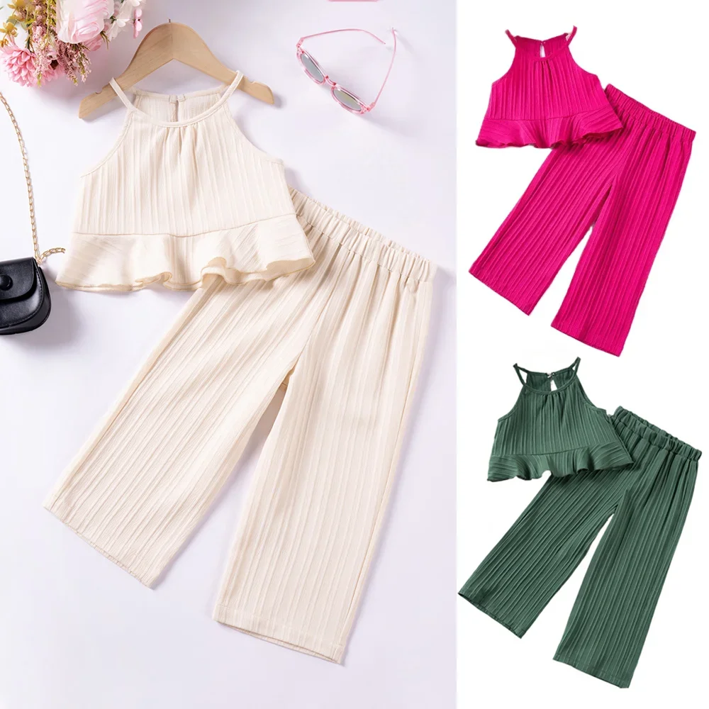 Girls Clothes Solid Color Top with Ruffled Hem and Wide Leg Pants Set for Summer Beach Vacation Fashion Children's Clothing