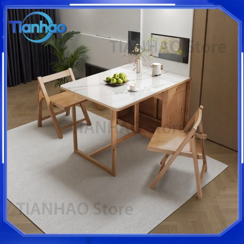 Solid Wood Folding Dining Table for Small Spaces Movable Expandable Wall Mounted Dining Table with Storage Chairs Set