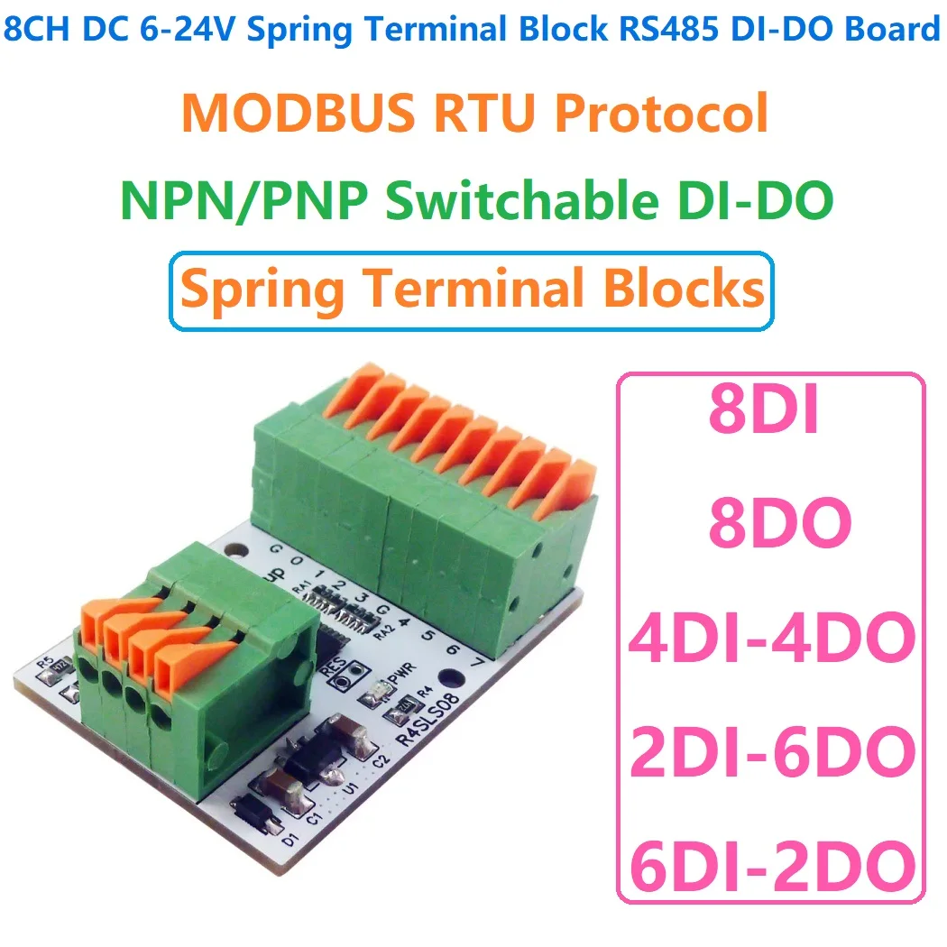 

R4SLS08 RS485 Modbus Rtu Цифровой модуль ввода-вывода 141R Пружинный клеммный блок Master-slave Цифровое управление сборами 8-канальный многоцелевой