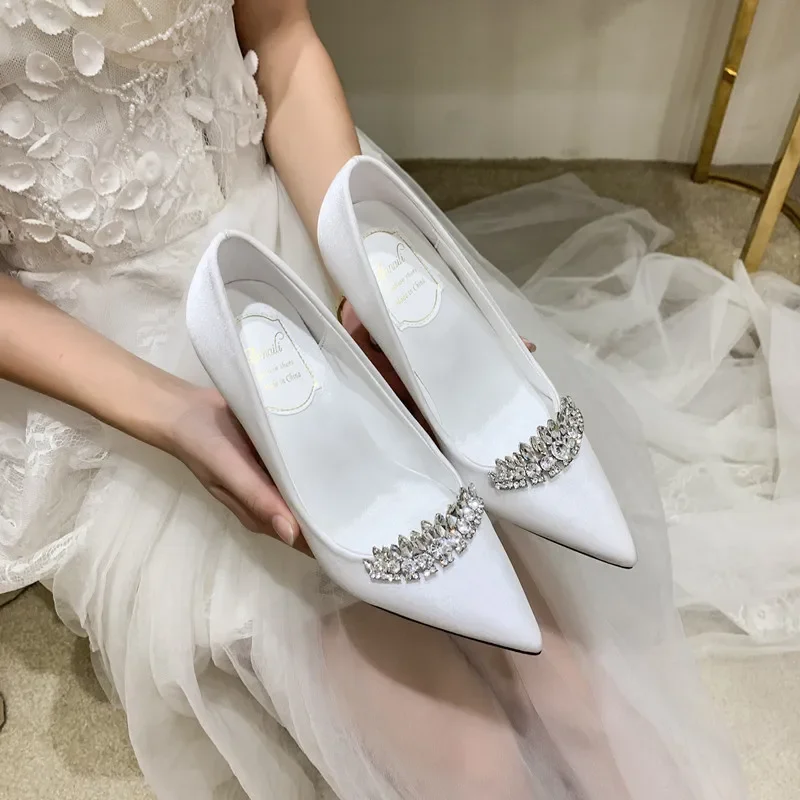 Wedding Shoes Women's 2024 New  Bridal Wedding Dress Shoes Rhinestone Princess Satin Bridesmaid Champagne Gold Dress Shoes